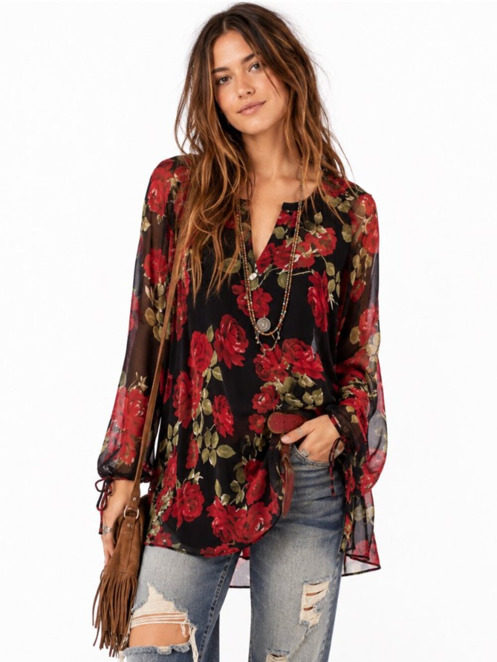 Show Me Your Mumu Johanna Tunic Womens XS Black Red Rose Sheer Boho Romantic